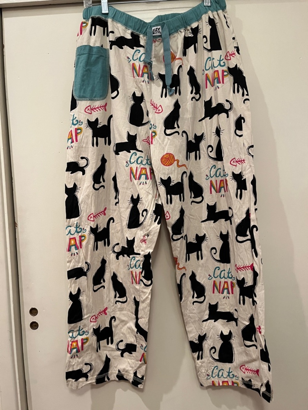 Lazy One Cream Cat Nap Pajama Pants with Teal Waistband